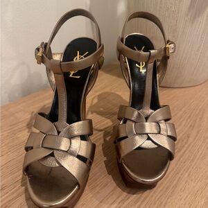 Saint Laurent Metallic Bronze Braided T-Strap Platform Sandals